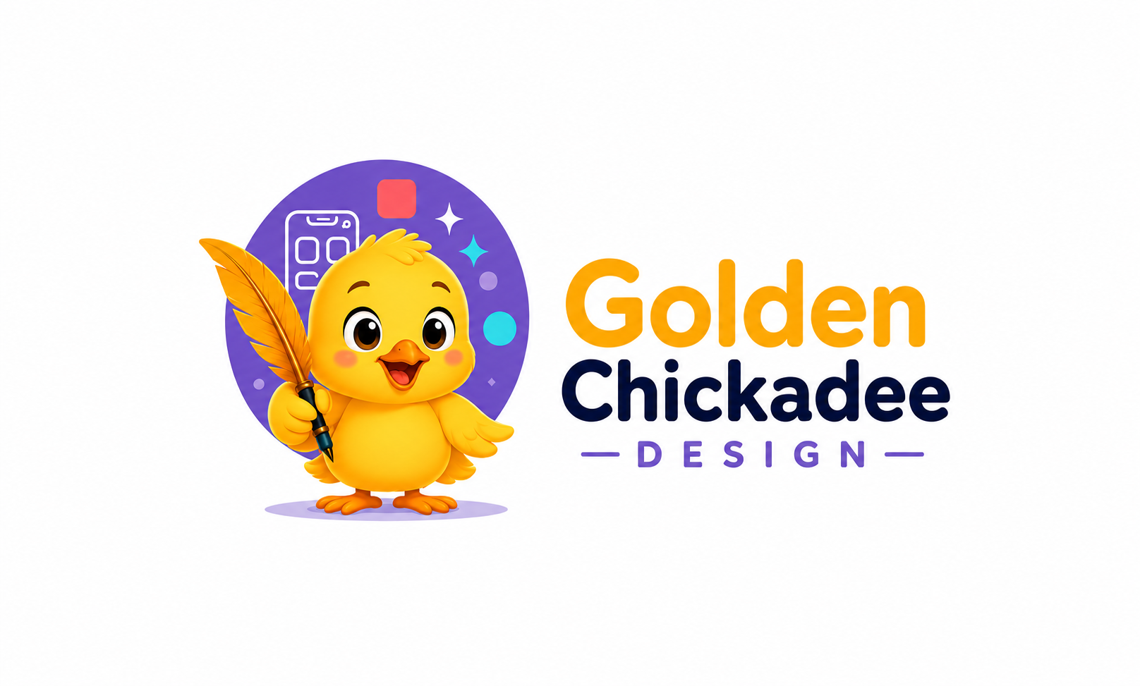 Golden Chickadee Design logo – a cheerful yellow chick holding a quill pen